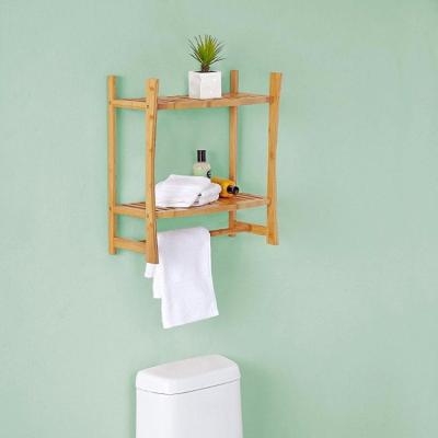 China 2 Tier Sustainable Multifunctional Bathroom Wall Mount Shelf Bamboo Towel Rack for sale