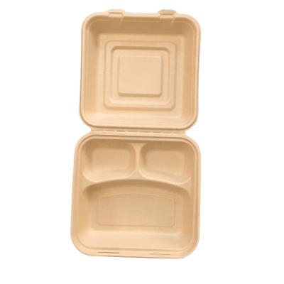 China 9 Inch Bagasse Clamshell Food Compostable Biodegradable Box With 3 Compartments for sale