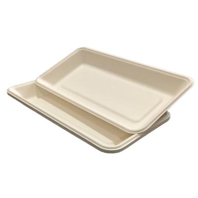 China 10.6X 5.3X1 Inch Biodegradable Meat Tray Meat Plate Made From Bagasse Wheat Straw Pulp for sale