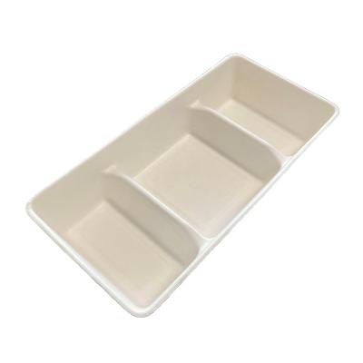 China 3 Compartment Rectangle Meat Tray Made From Wheat Straw Biodegradable Divided Pulp for sale