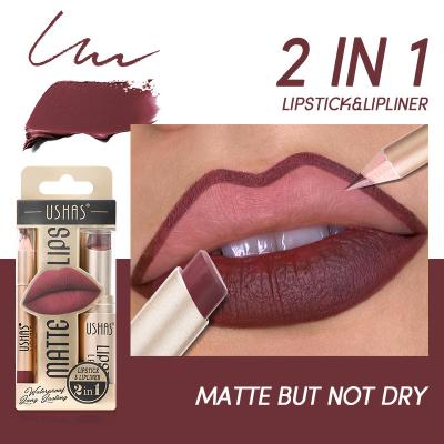 China Sunscreen USHAS 2 in1 Matte Lipstick Lip Liner Kit 12 Colors Non-stick Cup Long-lasting Waterproof Nude Lipstick for sale