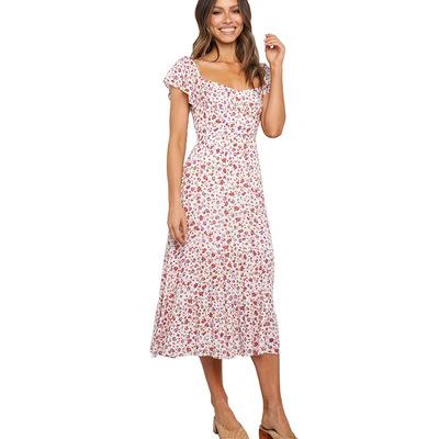 China Women's Anti-Static Dress Fashion Square Neck Printed Casual Dresses Summer Floral Sweet Dress for sale