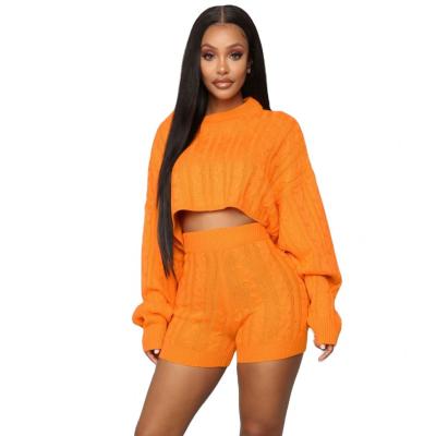 China Anti-wrinkle fashion two piece sweater women long sleeve solid color knit pullover sweater and short two piece set for sale