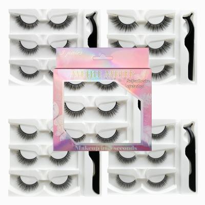 China No Glue Factory New Self Adhesive Stock Style 3pairs Reusable Temperature Sticking Eyelashes Non Stick Self Adhesive False Eyelash With Tweezers Set for sale