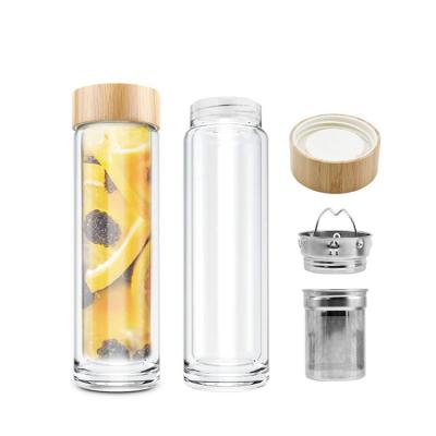 China Wholesale 350ml 500ml Double Wall Bamboo Viable Lid Tumbler Glass Water Bottle With Tea Filter for sale