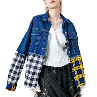 China TWOTWINSTYLE Patchwork Women Denim Jacket Lapel Long Sleeve Plaid Tassel Viable Color Loose Autumn for sale