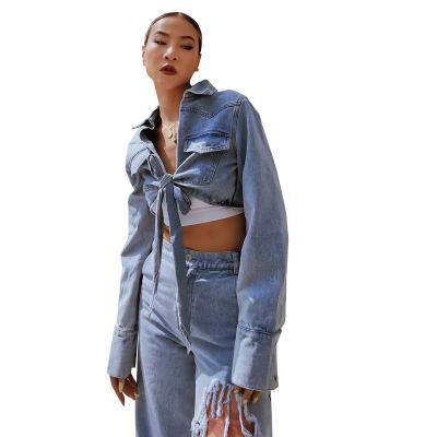 China Breathable TWOTWINSTYLE Long Lapel Collar Sheath Cropped Bowknot Denim Coat Streetwear for sale