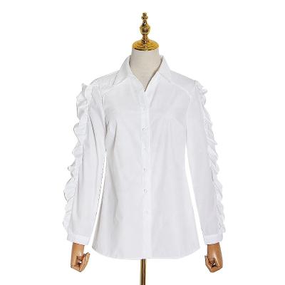 China TWOTWINSTYLE Breathable Ruffles Blouse Lapel Collar Female Patchwork Long Sleeve White Shirt Tops for sale