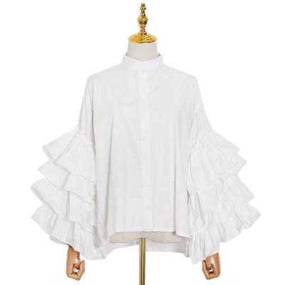 China TWOTWINSTYLE Patchwork Women Shirt Stand Collar Breathable Long Lantern Sleeve Loose Elegant Ruffles for sale