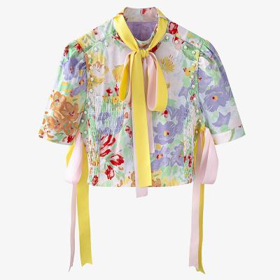 China TWOTWINSTYLE Breathable Print Blow Color Bandage Bowknot Lapel Collar Shorts Sheath Women's Blouses for sale