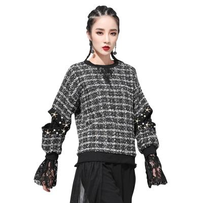 China TWOTWINSTYLE O Neck Plaid Lace Edge Breathable Casual Loose Patchwork Hollow Out Sweatshirt for sale