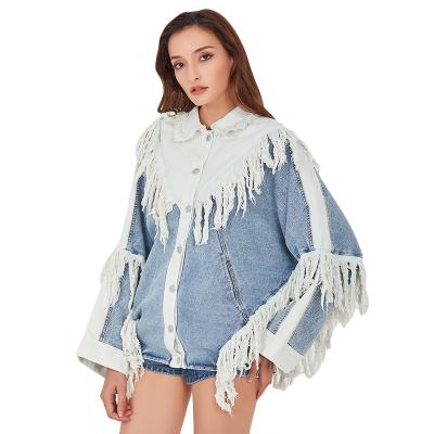 China TWOTWINSTYLE Breathable Lapel Tassel Flared Sleeves Single Breasted Blow Color Denim Jacket Female for sale