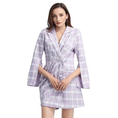 China TWOTWINSTYLE Breathable Dress Notched High Waist Mini Dresses Female Ruched Plaid Elegant Long Sleeve for sale