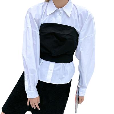 China TWOTWINSTYLE Breathable Lapel Long Sleeve White Tops Patchwork Black Back Zipper Straight Blouses for sale