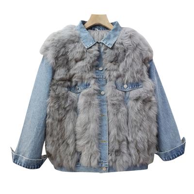 China Lapel Long Sleeve Patchwork Denim Sustainable Faux Fur Fashion Female TWOTWINSTYLE Jacket for sale