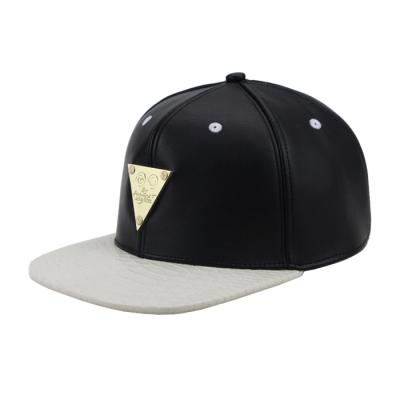 China Custom Two Tone JOINT Metal Plate Logo Leather Snapback Hats for sale