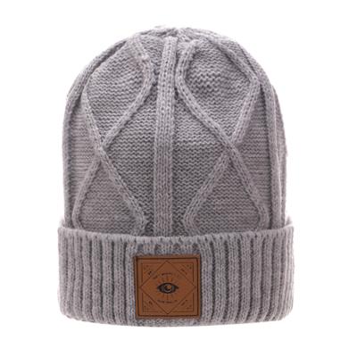 China JOINT Women's Cable Knit Beanie Hat With Leather Patch for sale