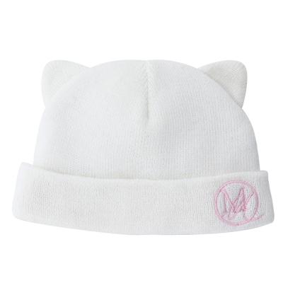 China Cute COMMON Winter Embroidery White Satin Striped Baby Beanie Hat With Ear for sale