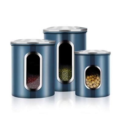 China Sustainable Farm Food Storage Container Set 4-Piece Metal Kitchen Canisters Stainless Steel Window Canister Set With Lids for sale