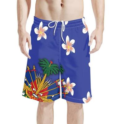 China Support Plus Size Custom Mens Fitness Basketball Pants Mens Summer Surf Shorts Mens Blue Pull On Elastic Shorts With Frangipani Print for sale