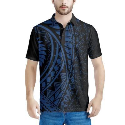 China QUICK DRY Polynesian Traditional Totem Bule Polo Shirt Mens Summer Beach Button Button Black Tops Custom Mens Polo Shirt for sale