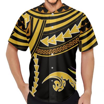 China Breathable Mens Button Up Streetwear Baseball Tank Top On Yellow Polynesian Tribal Print Tattoo Men's Black O-Neck Short Sleeve Baseball Shirt for sale