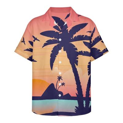 China Factory Outlet Print Breathable Mens Hawaiian Short Sleeve Shirt Button Up Shirt Mens With Coconut Tree Beach Print Mens Light Pink Shirt for sale