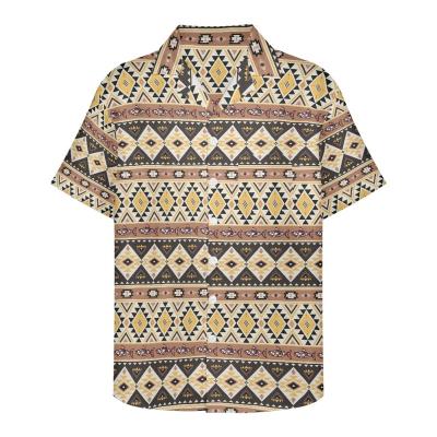 China Breathable African Tribal Print Men's Cuban Shirt Customized Summer Men's Casual Hawaiian Beige Men's Shirt Button Lapel Shorts Sleeve Top MOQ1 for sale