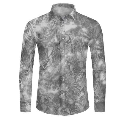 China Gray And White Snakeskin Pattern Breathable Mens Long Sleeve Casual Customizable Mens Factory Shirts Tops Luxury Mens Business Shirt Outlet for sale