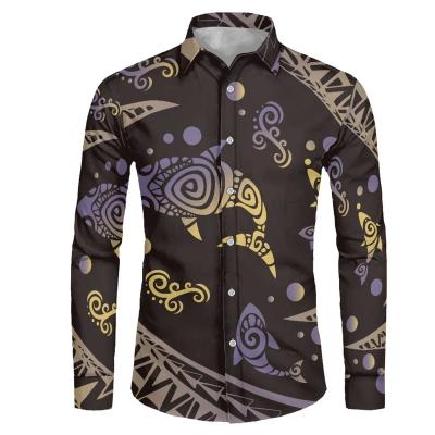 China Breathable Popular Gradient Color Polynesian Amazon Totem Print Shirt For Men Long Sleeve Lapel Button Down Mens Casual Button Lapel Tops for sale