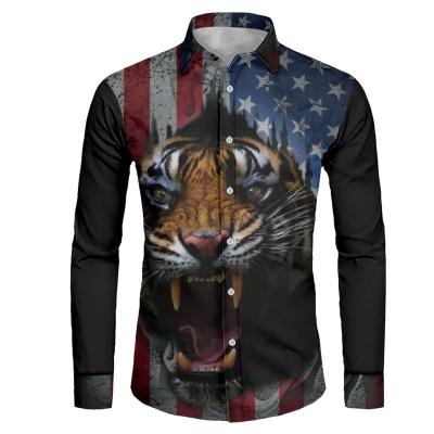 China Support Dropshipping Breathable Lapel Long Sleeves Mens Long Sleeves With Buttons American Flag And Aggressive Tiger Head Print Mens Shirt for sale