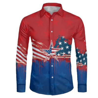 China Breathable Mens Long Sleeve Lapel Shirt Red Blue Support Custom Design Printed Mens Shirt With American Flag Mens Business Top With Button for sale