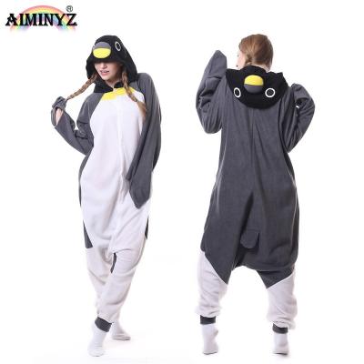 China AIMINYZ Winter QUICK DRY Penguin Cartoon Onesie Gray Pajamas Polar Fleece Animal Pajamas Cosplay Costume Sleepwear Hoodie For Adult for sale