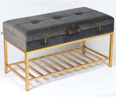 China Metal Base Gold Storage Living Room Velvet Ottoman Shoe Storage Bench for sale