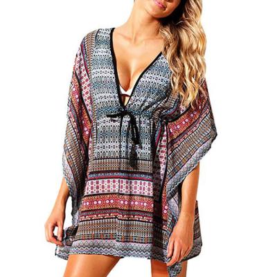 China Custom Women Anti-UV Plunging Print Neck Drawstring Waist Cover Up Swimwear Kaftan Beach Dress for sale