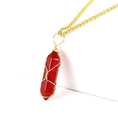 China Hot Selling FASHIONABLE Wire Wrapped Crystal Necklaces Natural Stone Agate Prism Hexagon Necklace Pendant Jewelry Choker Onyx Red for sale