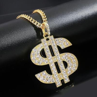 China Crystal Cuban Chain Dollar Letter Chain Pendant Necklace Hiphop Hip Hop Jewelry Stainless Steel For Women Mens for sale