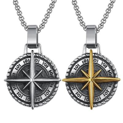 China Retro Hip Hop Personality Men's Stainless Steel Pendant Necklace Punk Compass for sale