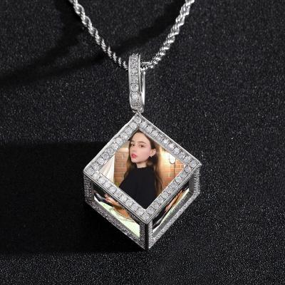 China Custom Hiphop Custom Photo Memory Cube Zircon Lover Portrait 6 Side Multi Image Hip Hop Ice Out Pendant Necklace For Family for sale