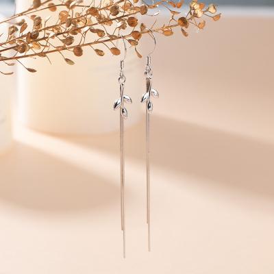 China Cute Simple Korean Leaf S925 Sterling Silver Long Tassel Earrings For Women for sale