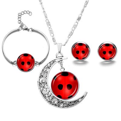 China 2021 cute the new luxury necklace for women fashion Miraculou ladybug necklace bracelet earring jewelry set red and black for sale