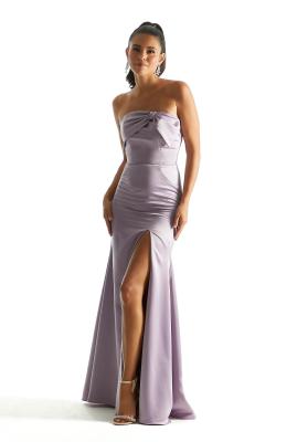 China Gorgeous Summer Satin Bridesmaid Dress with Bow Neckline and High Slit 60cm*45cm*45cm for sale