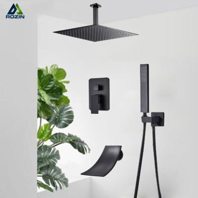 China Without Mounte Matte Black Waterfall Rain Shower System Ceiling Swivel Spout Bathtub Mixer Tap Slide Bar Bathroom Shower Faucet Set for sale