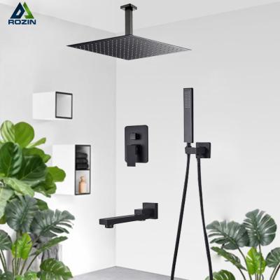 China Without Slide Bar Ceiling Mounte Bathroom Shower Faucet Set Matte Black Waterfall Rain Shower System Swivel Spout Bathtub Mixer Tap for sale