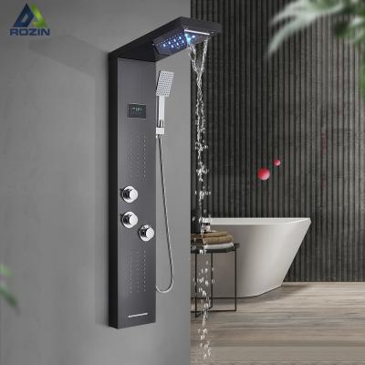 China Without Slide Bar Rozin Black LED Shower Panel Five Functions Shower Column Rain Waterfall Massage Spa Jets Tub Bath Faucets for sale