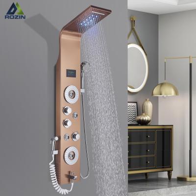 China Without Slide Bar Black Rose Gold LED Shower Panel Six Functions Shower Column Rainfall Shower Massage Spa Jets Tub With Bidet Bath Faucets for sale