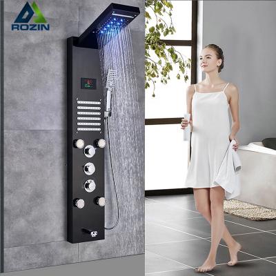 China Rozin Multifunctional Stainless Steel LED Waterfall Rain Shower Panel Column Handheld Shower 3-Ways SPA Massage Jets Tub Spoutless Sliding Bar for sale