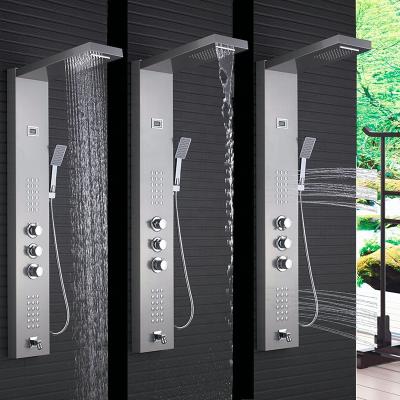 China Without Slide Bar Bathroom Waterfall Rainfall Shower Column Panel Thermostatic Massage Jets Tub Hand Shower Mixer Set for sale