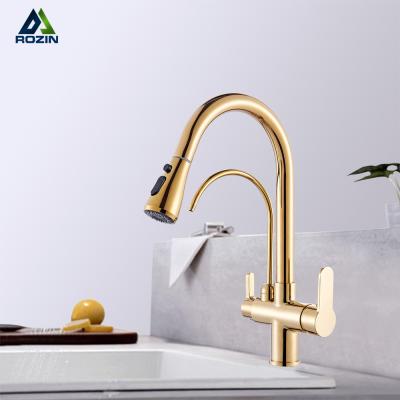 China Two Function Switch Kitchen Waterfilter Faucets Taps Gold Mixer Tap 360 Degree Rotation Water Purification Featur Handle Deck Dual Mounted for sale