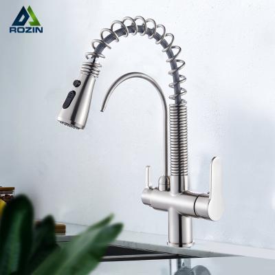 China Two Function Switch Brushed Nickel Kitchen Faucets Waterfilter Taps Double Handle Deck Mounted Mixer Tap 360 Degree Rotation Water Purification Featur for sale